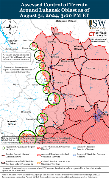  Российские войска снова продвинулись в Донецкой области: ></img></p>
</p>
<h2>Операция №3 — Донецкая область</h2>
<p>По данным аналитиков, 30 и 31 августа россияне продолжили наступать:</p>
<ul>
<li>восточнее Северского в районе Верхнекаменского;</li>
<li>юго-восточнее Северского в районе Спорного, Ивано-Дарьевки и Выемки;</li>
<li>южнее Северского в районе Звановки.< /li> </ul>
<p>Между тем геолокационные кадры от 31 августа указывают на то, что российские войска совершили незначительное продвижение в восточную часть Григорьевки (к северу от Временного Яра).</p>
<p>В частности, 30 и 31 числа враг пытался наступать:</p>
<ul>
<li>в районе Временного Яра;</li>
<li>к северу от Временного Яра у Калиновки;</li>
<li>восточнее Временного Яра возле Ивановского;</li>
<li>южнее Временного Яра около Ступочек;</li>
<li>юго-восточнее Временного Яра возле Андреевки, Клещиевки и Предтечного.</li>
</ul>
<p><p><img decoding=