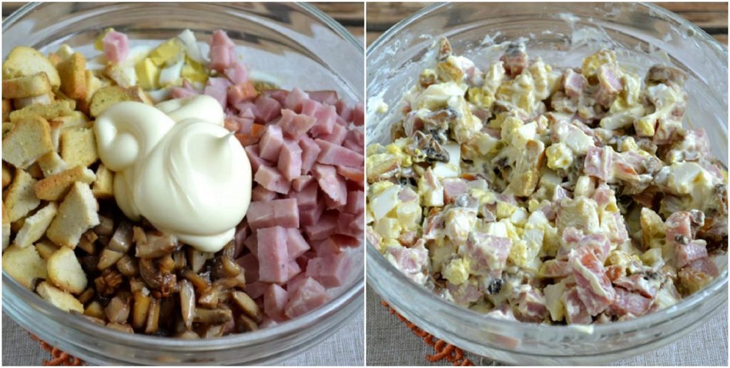 Рецепт вкусного салата с ветчиной и грибами за 10 минут