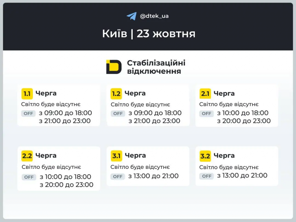 Как будут действовать графики отключения света в Киеве и области 23 октября: данные ДТЭК