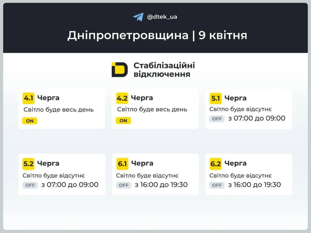 Графики отключений света в Днепропетровской области 9 апреля: когда не будет электроэнергии